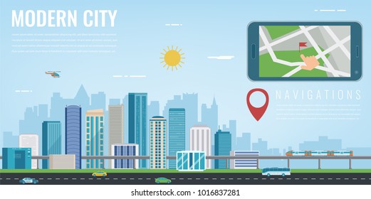 Smart city navigation. Smart phone with city location. Modern city background. Vector illustration