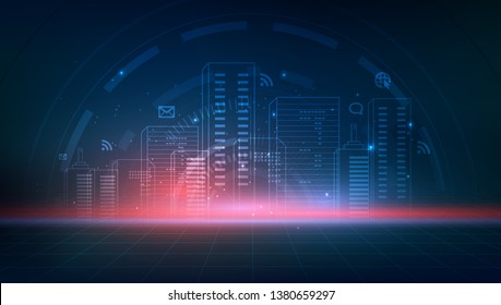 Smart City with Neon Buildings, Networks and Internet. vector illustration