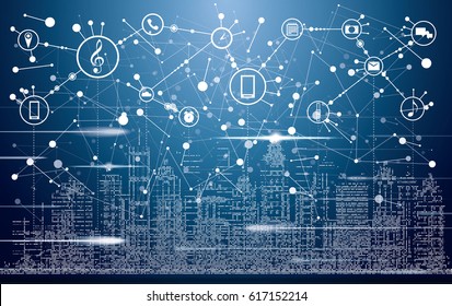 Smart City with Neon Buildings, Networks and Internet of Things Icons. Vector Illustration.