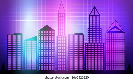 Smart City Neon Glowing Cityscape. Intelligent Building Automation Night Futuristic Web Online Vivid Color Cyberpunk Retrowave. Vector Illustration