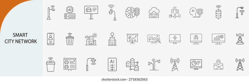 conjunto de iconos de líneas de redes de ciudades inteligentes e infraestructuras urbanas, servicio público impulsado por IA y símbolos de conectividad IoT, Ilustración vectorial plana