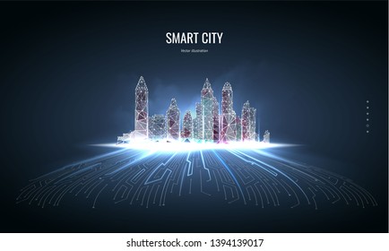 Smart city or network wireless.  Low poly wireframe. Building automation with computer board illustration. Low poly wireframe mesh. Isolated on a dark blue background. Plexus lines and points