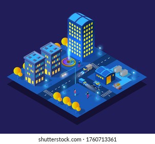 Smart city night neon ultraviolet set of isometric buildings houses with streets and transport. Conceptual picture town illustration of vector design graphics.