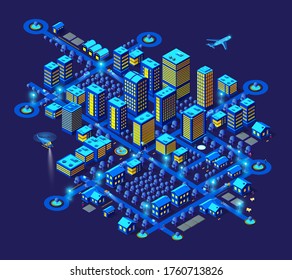 Smart city night neon ultraviolet set of isometric buildings houses with streets and transport. Conceptual picture town illustration of vector design graphics.