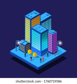 Smart city night neon ultraviolet walking people of isometric buildings houses with streets and transport. Conceptual picture town illustration of vector design graphics.