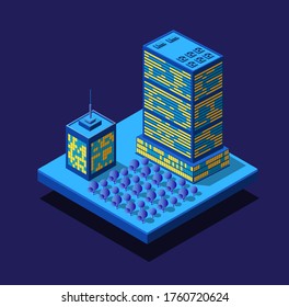 Smart city night neon ultraviolet set of isometric buildings and streets. Conceptual town picture illustration vector design graphics.