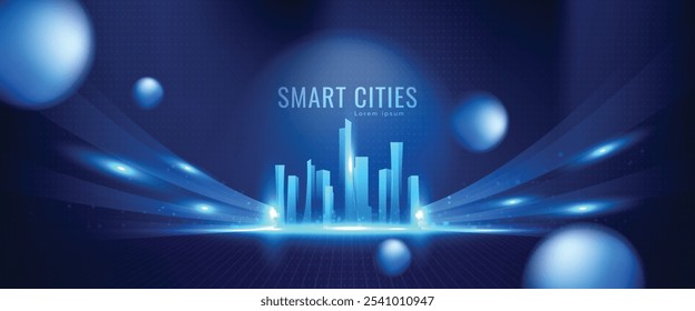 Smart city on blue background. Smart city low poly wireframe on blue background. Technology concept. Vector illustration.