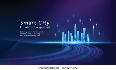 Cidade inteligente no fundo azul. Wireframe de baixo poli de cidade inteligente no fundo azul. Conceito de tecnologia. Ilustração vetorial.