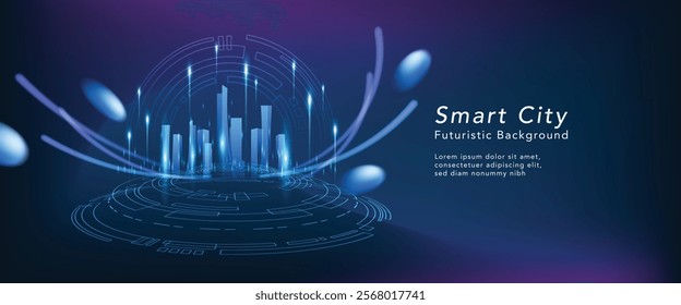 Smart city on blue background. Smart city low poly wireframe on blue background. Technology concept. Vector illustration.