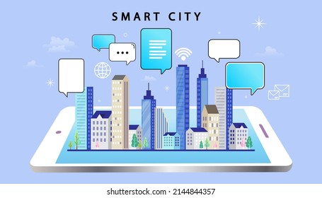 Smart city on a digital smartphone. networks and augmented reality concept. Mobile Navigation. wireless communication network. social media. Intelligent building. Vector Illustration.