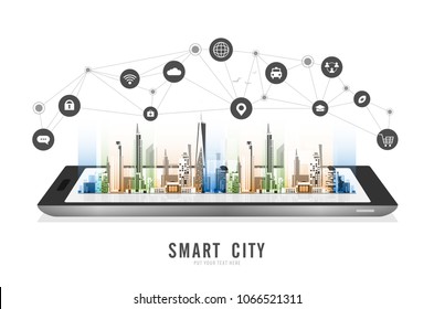 Smart city on a digital tablet or smartphone: with smart services and icons, internet of things, networks, commercial, business and augmented reality concept vector design