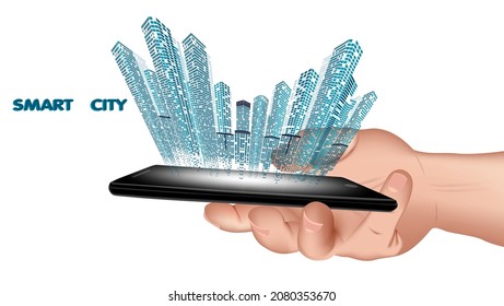 Smart city on a digital tablet or smartphone: with smart , internet of things, networks, commercial, business and augmented reality concept vector design
