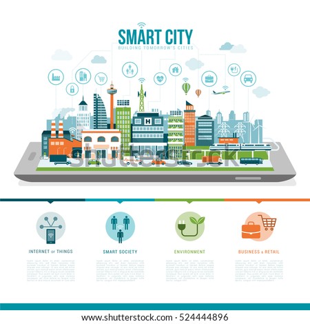 Smart city on a digital tablet or smartphone: smart services, apps, networks and augmented reality concept