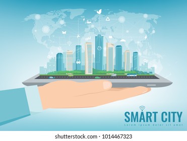 Smart City On A Digital Touch Screen Tablet With Different Icon. City With Infographic Elements. Vector 