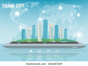 Smart city on a digital touch screen tablet with different icon. City with infographic elements. Vector 