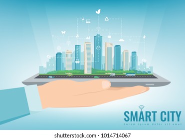 Smart city on a digital touch screen tablet with different icon. City with infographic elements. Vector