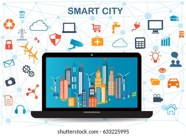 Smart city on laptop with different icon and elements and environmental care.Modern city design with  future technology for living. Smart City and wireless communication network