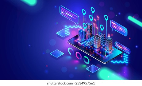 Ciudad inteligente en el concepto isométrico del teléfono. AI controla Futuristic Smart City. Edificios futuristas isométricos con infraestructura urbana por teléfono. Red de Internet Smart City. IOT de inteligencia urbana.