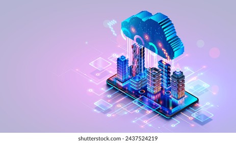 Smart City auf dem Bildschirm Smartphone. Moderne zukünftige Wolkenkratzer-Kommunikation mit Cloud-Speicher. Digitale Cloud hängt über Smart City auf Touchscreen-Smartphone. Cloud Computing. IOT. Internet der Dinge