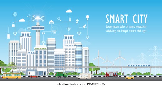 Smart city on urban landscape with different icons and elements, Urban landscape with modern buildings and skyscrapers vector illustration.