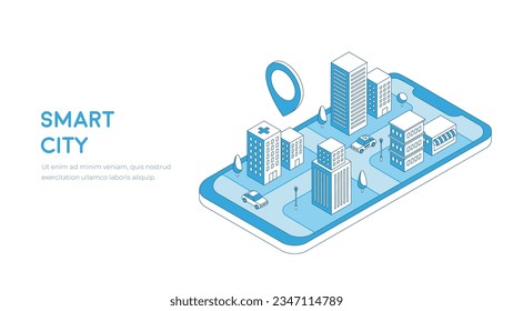 Ilustración de esquema de ciudad inteligente. Calle con edificios de oficinas y rascacielos, carreteras y coches vectores isométricos. Concepto de servicios inteligentes.