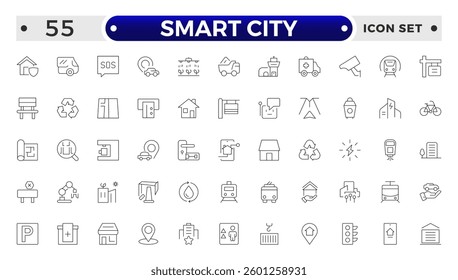 Smart city outline line icon set with infrastructure efficiency tech, future digital urban, autonomous building. Transport, road, mall, airport, police, school, park, water, collection.
