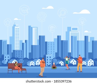 Ciudad inteligente y gente usando el concepto de teléfono y laptop. Ilustración de diseño gráfico de dibujos animados planos vectoriales