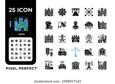Smart city pixel perfect black glyph icons set on white space. Urban life, infrastructure systems. Public service. Silhouette symbols. Solid pictogram pack. Vector isolated illustration