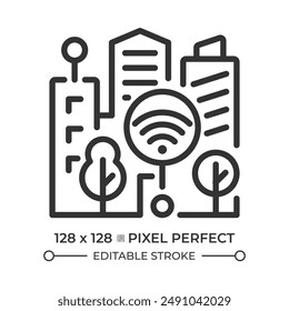 Smart city pixel perfect linear icon. Iot infrastructure system, connectivity. Urban architecture. Modern skyscrapers. Thin line illustration. Contour symbol. Vector outline drawing. Editable stroke