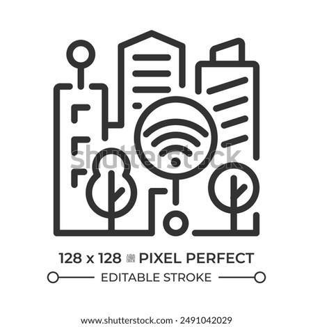 Smart city pixel perfect linear icon. Iot infrastructure system, connectivity. Urban architecture. Modern skyscrapers. Thin line illustration. Contour symbol. Vector outline drawing. Editable stroke