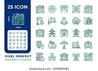 Smart city pixel perfect two color line icons set. Urban life, infrastructure systems. Public service bicolor outline iconset isolated. Duotone pictograms thin linear. Editable stroke