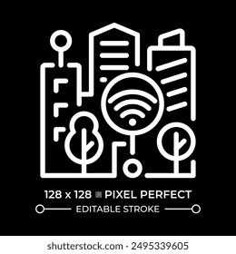 Smart city pixel perfect white linear icon for dark theme. Iot infrastructure system. Urban architecture. Modern skyscrapers. Thin line illustration. Isolated symbol for night mode. Editable stroke