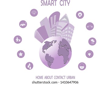 Smart City  and Planet Vector Concept. Smart technology and urban design elements. Eco city banner, alternative energy and ecology concept.Business communication city life.
