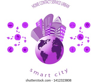 Smart City  and Planet Vector Concept. Smart technology and urban design elements. Eco city banner, alternative energy and ecology concept.Business communication city life.
