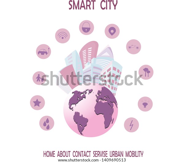 Smart City \
and Planet Vector Concept. Smart technology and urban design\
elements. Eco city banner, alternative energy and ecology\
concept.Business communication city\
life.\
\
