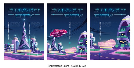 Smart city posters with night town with skyscrapers, futuristic buildings and car. Vector flyer of future city infrastructure with unmanned vehicle, autonomous houses and wifi