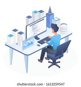 Smart city programming isometric vector illustration. Innovative technology development. Computer science and web coding. Male programmer working beside desk. Internet of things design element