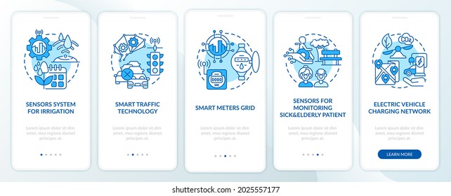 Smart city projects blue onboarding mobile app page screen. Modern technologies walkthrough 5 steps graphic instructions with concepts. UI, UX, GUI vector template with linear color illustrations