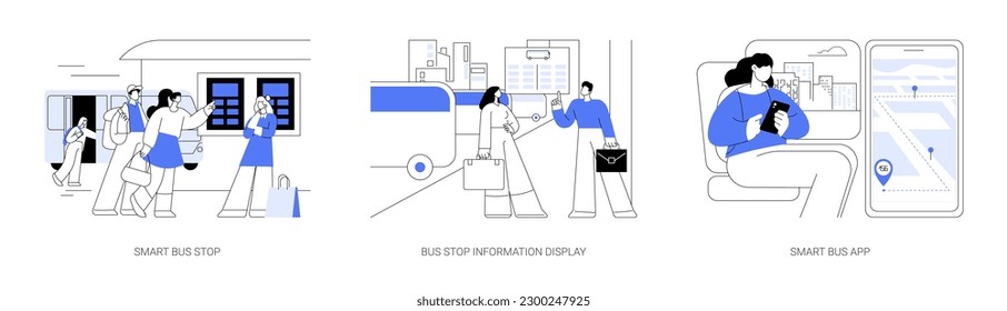 Smart city public transportation abstract concept vector illustration set. Diverse people stand at modern bus stop, electric timetable info display, tracking way with smartphone app abstract metaphor.