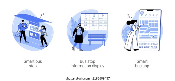 Smart city public transportation isolated cartoon vector illustrations set. Diverse people stand at modern bus stop, electric timetable info display, tracking way with smartphone app vector cartoon.