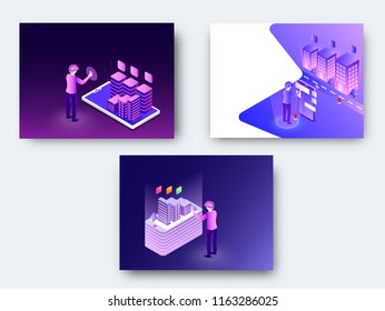 Smart city or real estate concept based three set of isometric landing page design.