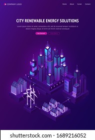 Smart city renewable energy solutions isometric landing page. Smartcity with neon glowing skyscrapers and countryside cottages work on clean windmill sustainable electricity power 3d vector web banner