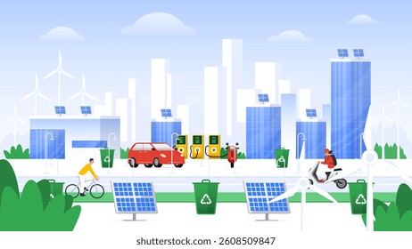 Smart City with Renewable Energy Vector Illustration. Eco-Friendly Urban Infrastructure, Solar and Wind Power, Green Technology Concept.