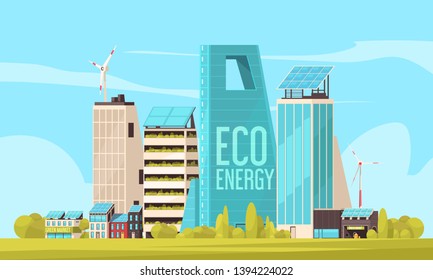 Smart city residents friendly housing compound with efficient land and green  clean eco energy use vector illustration
