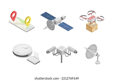 Smart City with Satellite, Surveillance Camera, Smartphone Navigation App, Drone Carrying Parcel and Wireless Router Isometric Vector Set