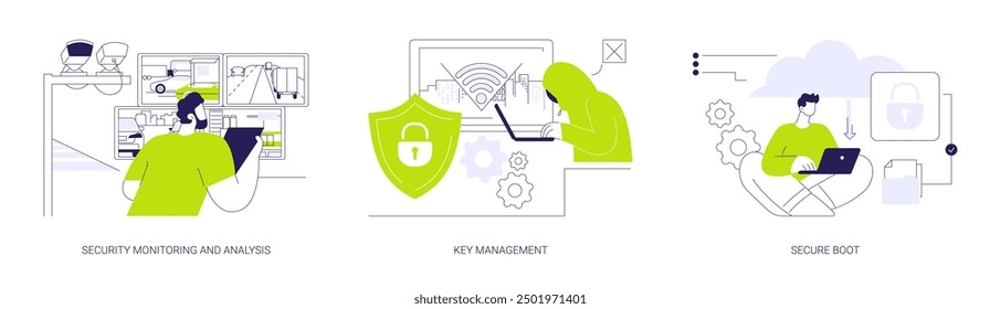 Smart city security abstract concept vector illustration set. Monitoring and analysis, looking at screens with diverse of people, device key management, secure boot protocol abstract metaphor.