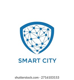 Smart city security shield logo with network connection inside blue shape. Digital protection, urban safety, technology defense concept.