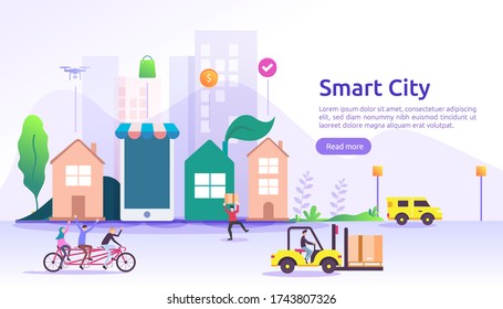 Smart city services concept with internet of things networks and augmented reality. Urban landscape with buildings, skyscrapers, transport traffic. flat style vector illustration for web landing page