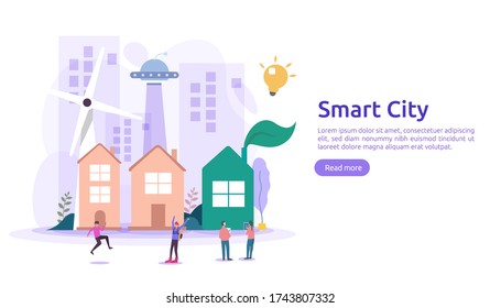 Smart city services concept with internet of things networks and augmented reality. Urban landscape with buildings, skyscrapers, transport traffic. flat style vector illustration for web landing page