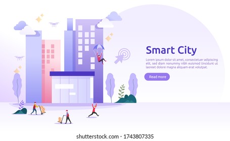 Concepto de servicios urbanos inteligentes con internet de cosas redes y realidad aumentada. Paisaje urbano con edificios, rascacielos, tráfico de transporte. ilustración vectorial de estilo plano para página de aterrizaje web